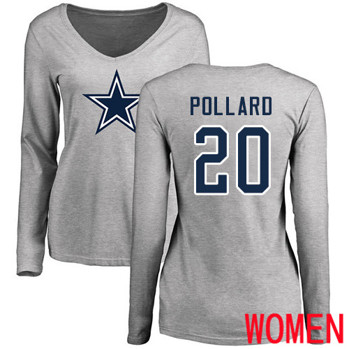 Women Dallas Cowboys Ash Tony Pollard Name and Number Logo Slim Fit #20 Long Sleeve Nike NFL T Shirt
